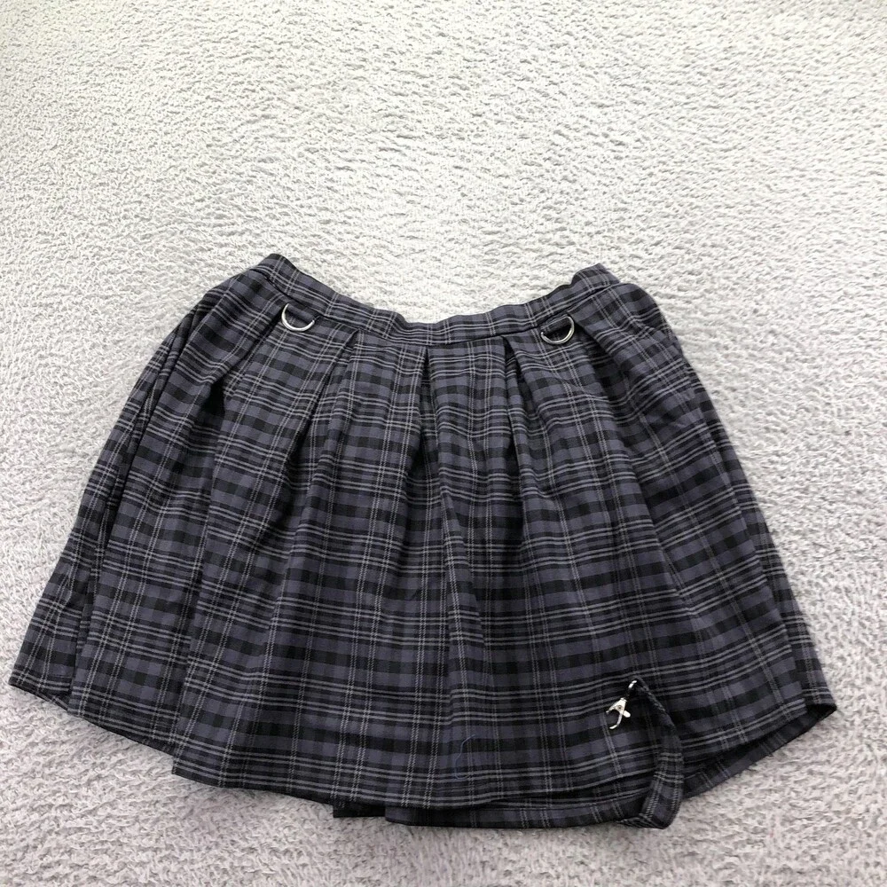 Hot Topic Skirt Womens Medium Gray Plaid Pleated Strap Detail Short Mini